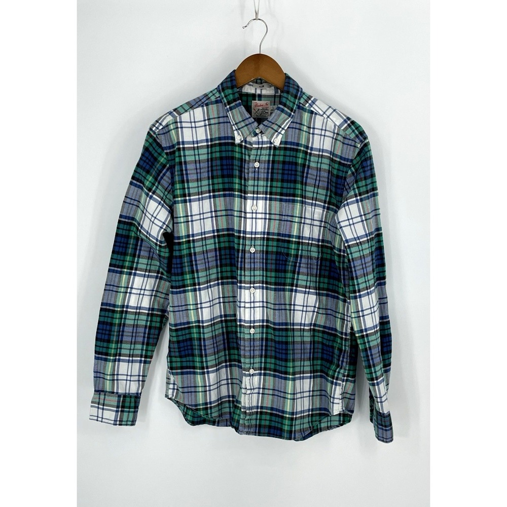J. Crew Men's Large Broken-In Re-Imagined Shirt Green Blue White Plaid Slim‎ Fit